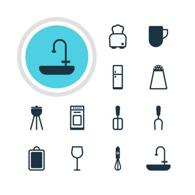 12 mutfak eşyaları simgeler vektör Illustration. Düzenlenebilir paket fırın, Barbekü, çay bardağı ve diğer öğeleri.