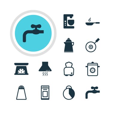 12 Restoran simgeler vektör Illustration. Aspiratör cihazı, musluk, fırın ve diğer öğeleri düzenlenebilir sürüsü.