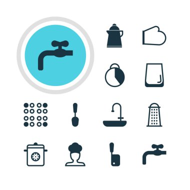 12 Restoran simgeler vektör Illustration. Cam bardak, Fırın eldivenleri, çorba ve diğer öğeleri düzenlenebilir paketi.