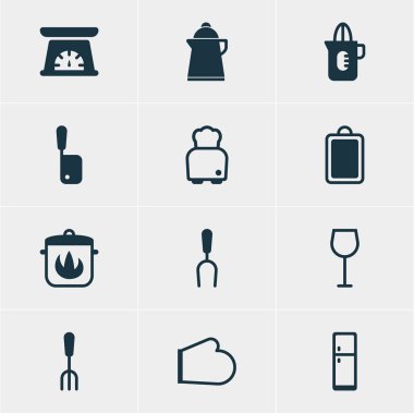 12 pişirme simgeler vektör Illustration. Shaker, Barbekü aracı, doğrama Masası ve diğer öğeleri düzenlenebilir sürüsü.