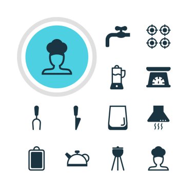 12 Restoran simgeler vektör Illustration. Düzenlenebilir paket fırın, musluk, mutfak hançer ve diğer öğeleri.