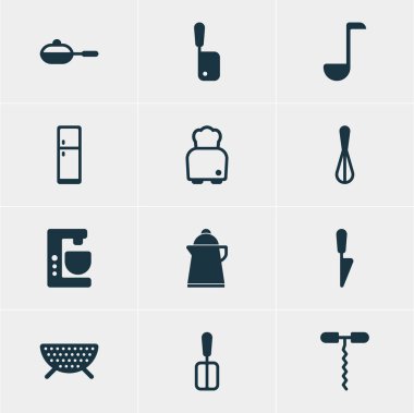 12 pişirme simgeler vektör Illustration. Şarap açacağı, çay, mutfak hançer ve diğer öğeleri düzenlenebilir paketi.