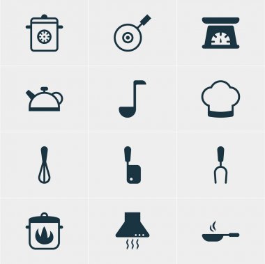 12 mutfak eşyaları simgeler vektör Illustration. Kasap bıçağı, tava, ibrik ve diğer öğeleri düzenlenebilir paketi.