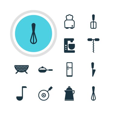 12 Restoran simgeler vektör Illustration. Çay, yemek pişirme Spade, buzdolabı ve diğer öğeleri düzenlenebilir paketi.