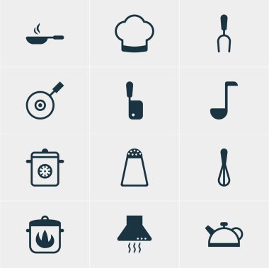 12 Restoran simgeler vektör Illustration. Aspiratör cihazı, kızartma tavası, Corolla ve diğer öğeleri düzenlenebilir sürüsü.