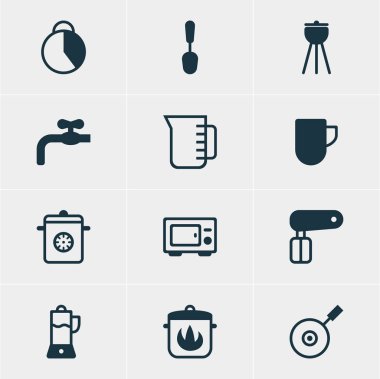 12 Restoran simgeler vektör Illustration. Düzenlenebilir paket çay bardağı, tenceresi, meyve sıkacağı ve diğer öğeleri.