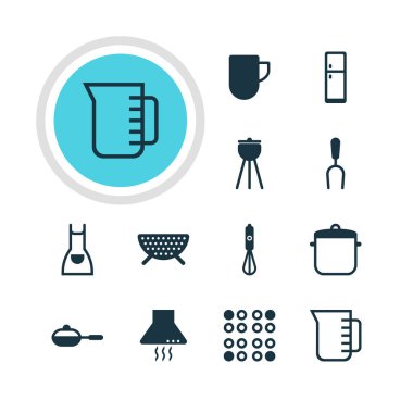 12 Restoran simgeler vektör Illustration. Pan, çorba Pan, Barbekü aracı ve diğer öğeleri düzenlenebilir paketi.