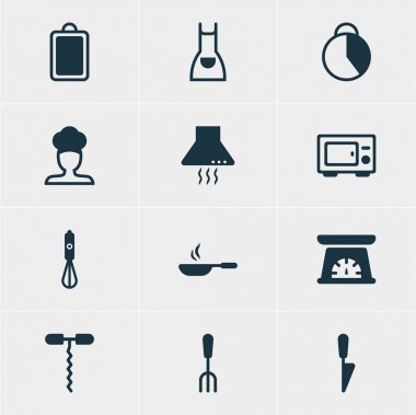 12 mutfak eşyaları simgeler vektör Illustration. Mutfak hançer, Handmixer, aspiratör cihazı öğelerin düzenlenebilir paketi.