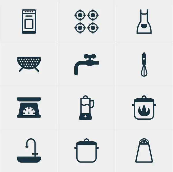 Illustrazione vettoriale di 12 icone del ristorante. Pacchetto modificabile di grembiule, Stewpot, setaccio e altri elementi . — Vettoriale Stock