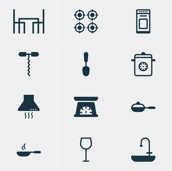 Ilustración vectorial de 12 iconos de cocina. Paquete editable de herramienta de medición, cucharada, dispositivo del extractor y otros elementos . — Archivo Imágenes Vectoriales