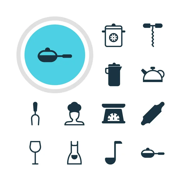 Illustration vectorielle de 12 icônes de vaisselle de cuisine. Pack modifiable de casserole, outil de barbecue, cuisine et autres éléments . — Image vectorielle