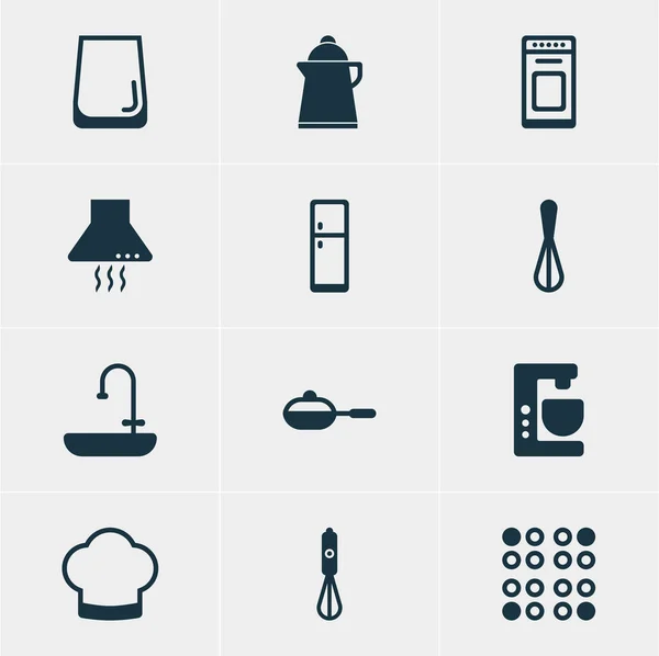 Vektorillustration von 12 Kochsymbolen. editierbare Packung Pfanne, Kochmütze, Tee und andere Elemente. — Stockvektor