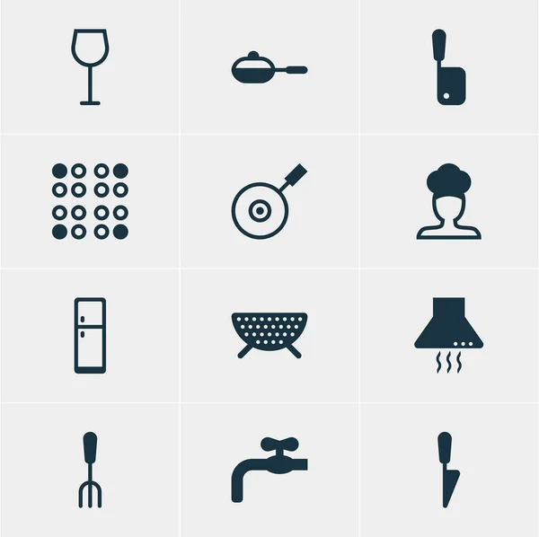 Ilustración vectorial de 12 iconos de utensilios de cocina. Paquete editable de cocina, refrigerador, vino y otros elementos . — Archivo Imágenes Vectoriales