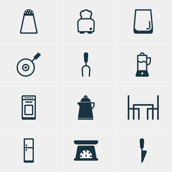 Illustrazione vettoriale di 12 icone culinarie. Pacchetto modificabile di tavolo da pranzo, spremitoio di frutta, strumento barbecue e altri elementi . — Vettoriale Stock
