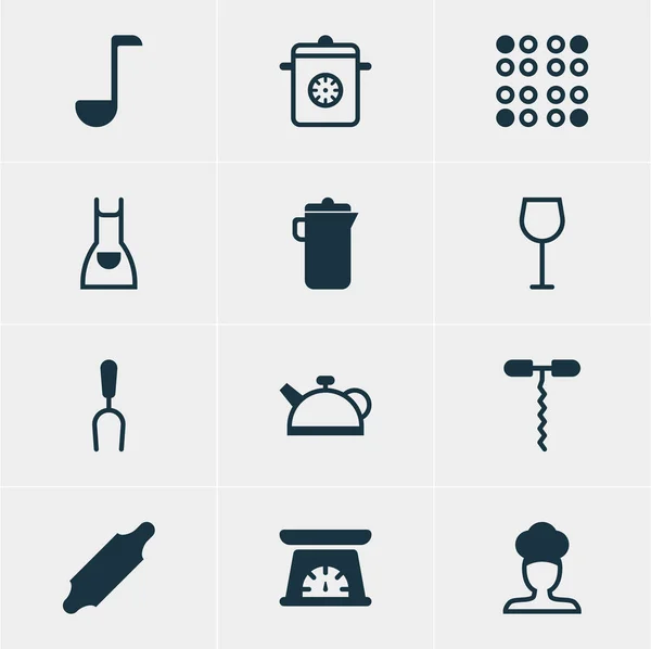 Ilustración vectorial de 12 iconos de restaurantes. Paquete editable de cuchara de sopa, jarra, cocinero y otros elementos . — Archivo Imágenes Vectoriales