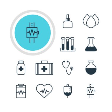12 sağlık simgeler vektör Illustration. Deney şişesi, antikor, tedavi ve diğer öğeleri düzenlenebilir paketi.
