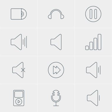12 müzik simgeler vektör Illustration. Akustik, Mp3, kulaklık ve diğer öğeleri düzenlenebilir paketi.