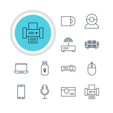 12 teknoloji simgeler vektör Illustration. Usb kart, akıllı telefon, imleç denetleyicisi ve diğer öğeleri düzenlenebilir paketi.