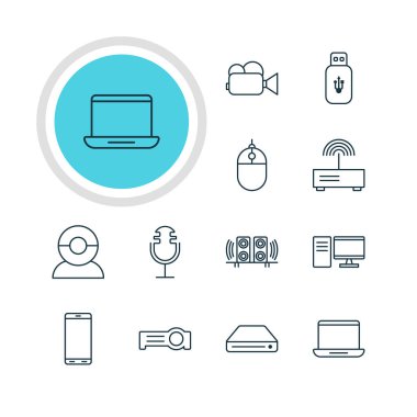 12 aygıt simgeler vektör Illustration. Pc, ses kaydı, video kamera ve diğer öğeleri düzenlenebilir paketi.