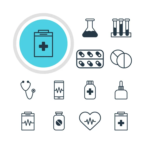 Vector Illustration of 12 Health Icons (dalam bahasa Inggris). Paket Pengobatan yang dapat diedit ^ Jar, Exigency, Experiment Flask And Other Elements . - Stok Vektor