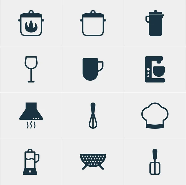 Vector Illustration of 12 Cooking Icons (dalam bahasa Inggris). Pack Of Corolla, Jug, Chef Hat And Other Elements . - Stok Vektor