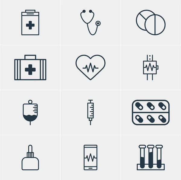 Ilustración vectorial de 12 iconos médicos. Paquete editable de latidos del corazón, vacunador, anticuerpos y otros elementos . — Vector de stock