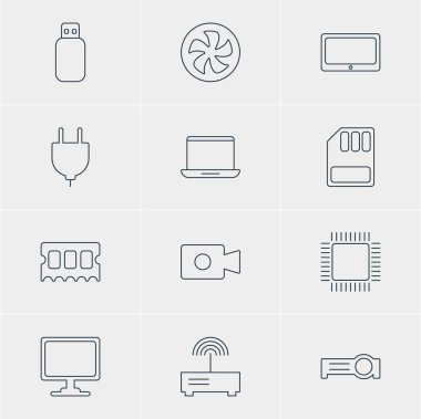 12 defter simgeler vektör Illustration. Sunum, birden parlamak götürmek, Tablet ve diğer öğeleri düzenlenebilir paketi.