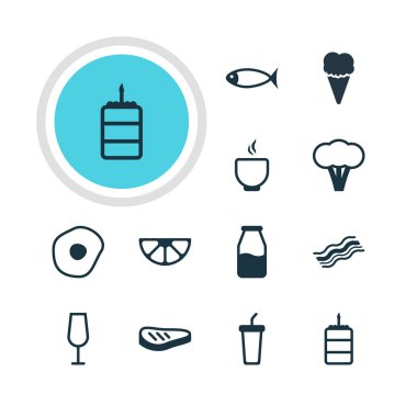 12 yemek simgeler vektör Illustration. Deniz ürünleri, kireç, kase ve diğer öğeleri düzenlenebilir paketi.