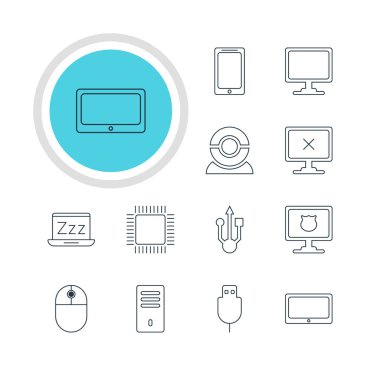 12 bilgisayar simgeler vektör Illustration. Seri veri yolu, Antivirus, örümcek ağı fotoğraf makinesi ve diğer öğeleri düzenlenebilir paketi.