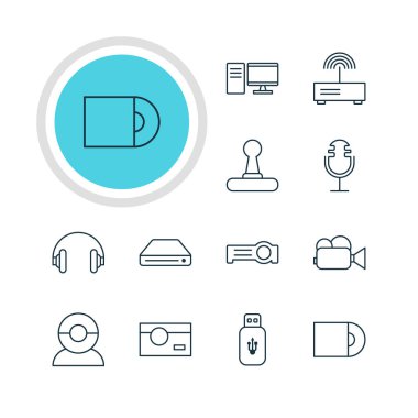 12 Gadget simgeler vektör Illustration. Kulaklık, bellek depolama, Pc ve diğer öğeleri düzenlenebilir paketi.
