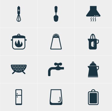 12 Restoran simgeler vektör Illustration. Resepsiyon, cam fincan, buzdolabı ve diğer öğeleri doğrama düzenlenebilir paketi.