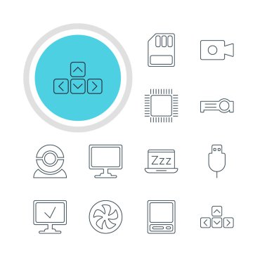 12 Laptop simgeler vektör Illustration. Örümcek ağı fotoğraf makinesi, soğutucu, dizüstü bilgisayar ve diğer öğeleri düzenlenebilir sürüsü.