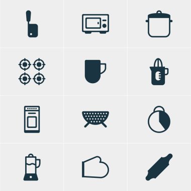 12 pişirme simgeler vektör Illustration. Düzenlenebilir paket fırın, kasap bıçağı, çay bardağı ve diğer öğeleri.