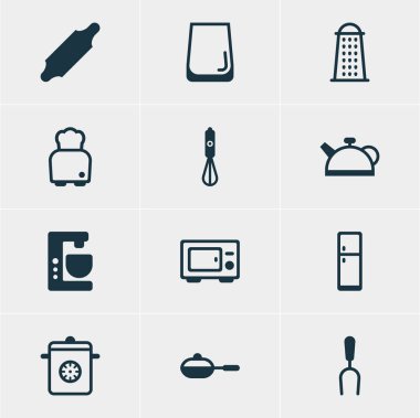 12 Restoran simgeler vektör Illustration. Ekmek, Dilimleyici, vapur ve diğer öğeleri düzenlenebilir sürüsü.