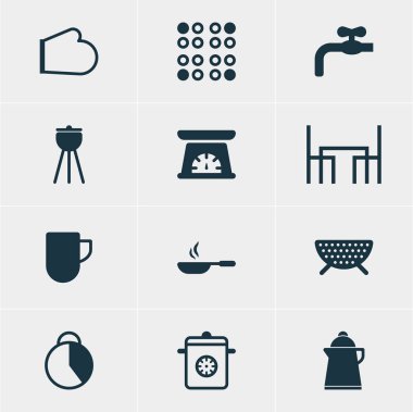 12 mutfak eşyaları simgeler vektör Illustration. Musluk, çay bardağı, ölçme aracı ve diğer öğeleri düzenlenebilir paketi.