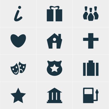 12 harita simgeler vektör Illustration. Kalp, polis, yer imi ve diğer öğeleri düzenlenebilir paketi.