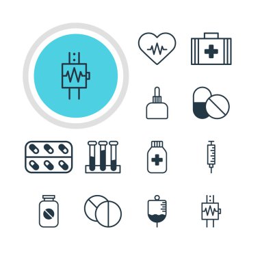 12 sağlık simgeler vektör Illustration. Vaccinator, deney şişesi, yuvarlak Tablet ve diğer öğeleri düzenlenebilir paketi.