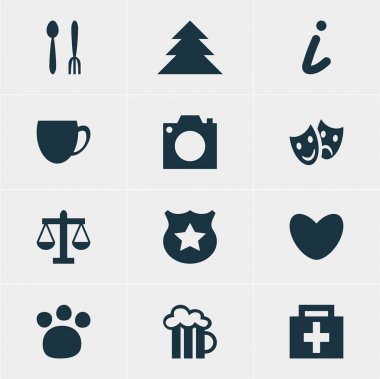 12 harita simgeler vektör Illustration. Ölçekler, kalp, polis ve diğer öğeleri düzenlenebilir sürüsü.