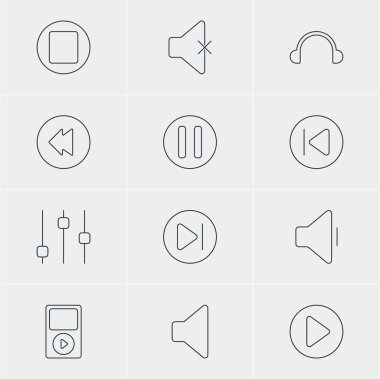12 müzik simgeler vektör Illustration. Azalma ses, sonraki, ters ve diğer öğeleri düzenlenebilir paketi.