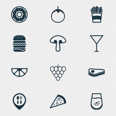 12 pişirme simgeler vektör Illustration. Düzenlenebilir paket mantar, patates, Martini ve diğer öğeleri.