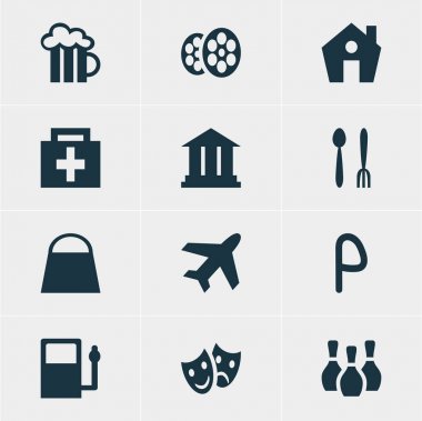 12 harita simgeler vektör Illustration. Düzenlenebilir paket Cafe, bira bardağı, Film ve diğer öğeleri.