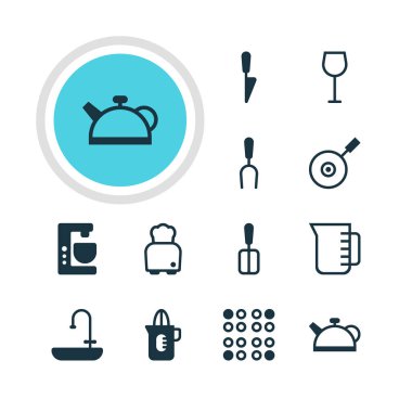 12 mutfak eşyaları simgeler vektör Illustration. Düzenlenebilir paket tava, mutfak hançer, pişirme Spade ve diğer öğeleri.