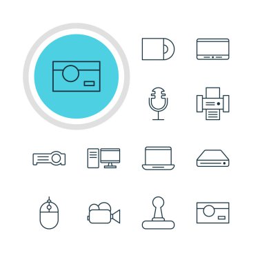12 Gadget simgeler vektör Illustration. Bellek depolama, oyun denetleyicisi, ışıldak ve diğer öğeleri düzenlenebilir paketi.