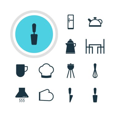 12 Restoran simgeler vektör Illustration. Düzenlenebilir paket yemek masası, Fırın eldivenleri, aspiratör cihazı ve diğer öğeleri.