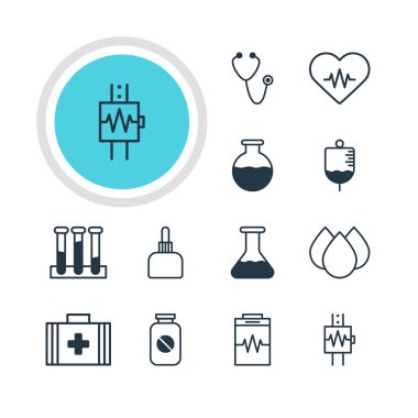 12 sağlık simgeler vektör Illustration. Nabız, Aspirin, şişesi ve diğer öğeleri düzenlenebilir paketi.
