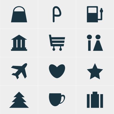 12 yerde simgeler vektör Illustration. Üniversitesi, tuvalet, alışveriş sepeti ve diğer öğeleri düzenlenebilir paketi.