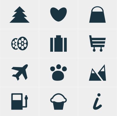 12 seyahat simgeler vektör Illustration. Çanta, yakıt ikmali, orman öğeleri düzenlenebilir paketi.