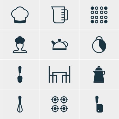 12 Restoran simgeler vektör Illustration. Tencere, yemek kaşığı, aşçı ve diğer öğeleri düzenlenebilir paketi.