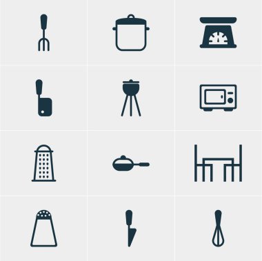 12 Restoran simgeler vektör Illustration. Barbekü, kasap bıçağı, biber konteyner ve diğer öğeleri düzenlenebilir paketi.