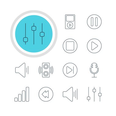 12 melodi simgeler vektör Illustration. Sonraki düzenlenebilir paket, ses seviyesi açma, gecikme ve diğer öğeleri.